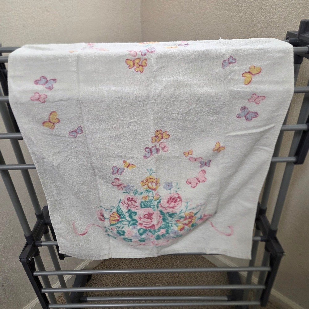 Vintage White Cotton Terry Hand Towel Pink Roses Butterfly Floral Print 35x22